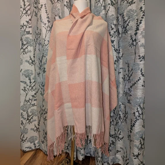 🩷Blush & Cream Plaid Shawl, Poncho, Extra-Wide Scarf, Wrap, Blanket - Picture 2 of 8